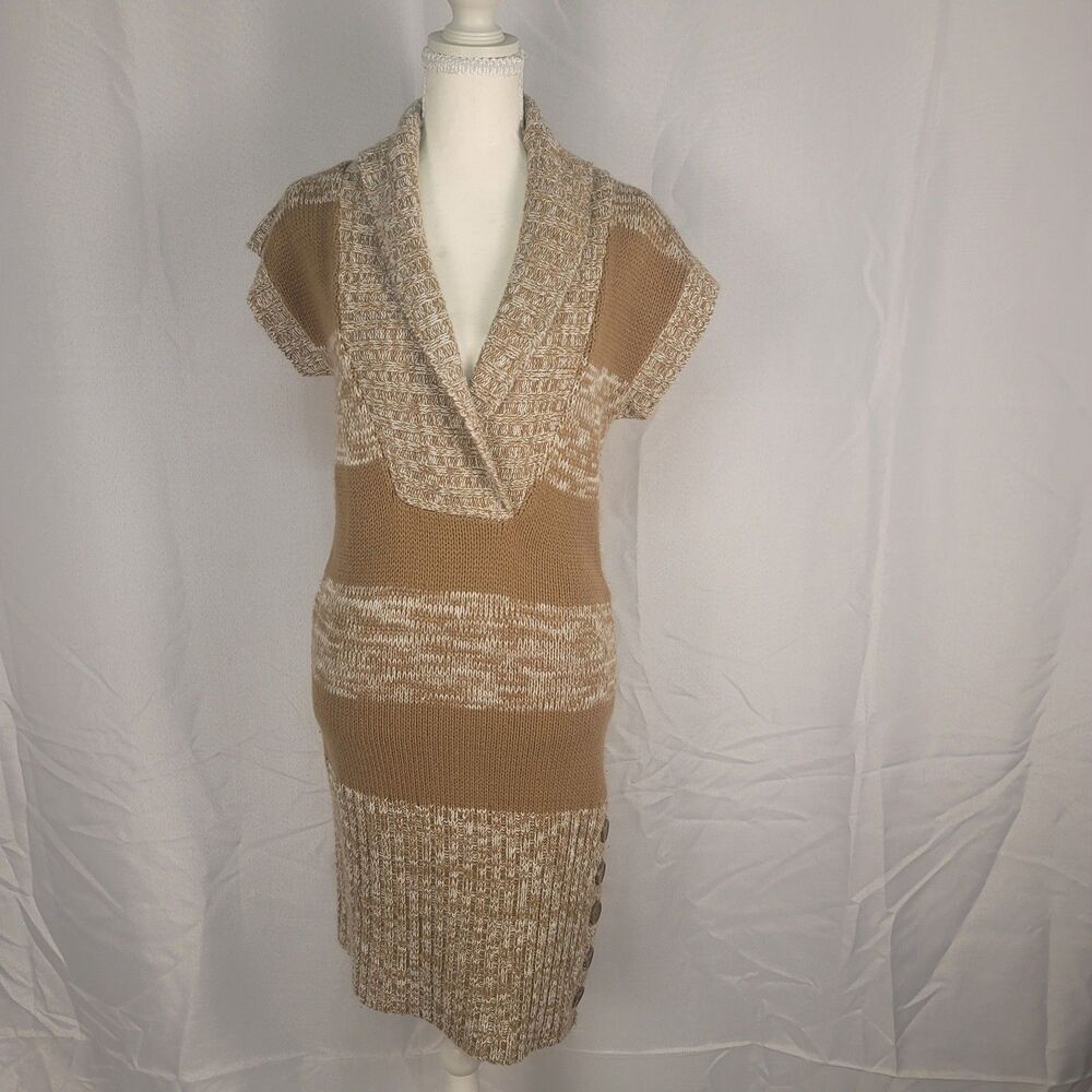 Derek Heart Junior L Tan Brown Striped Sweater Dress Cowl Neck Cap Sleeve Y2K